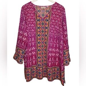 Belle by Kim Gravel Ikat Boho Tunic Top V Neck Blouse Mosaic Mature Pink 2X